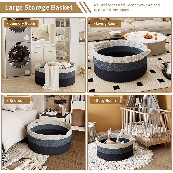 125L Extra Large Blanket Basket, Jumbo Laundry Woven Cotton Rope Basket - Image 6