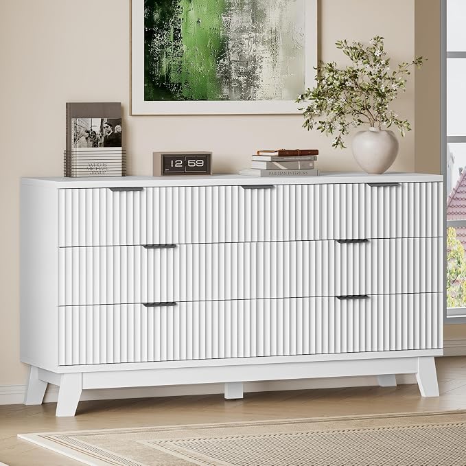57" Long Dresser for Bedroom, 7-Drawer Fluted Chest, Wide Wood Storage Dresser by BORNOON