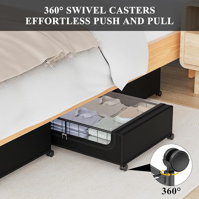 Under Bed Storage with Wheels and Cover, 360° Rolling Under Bed Metal Drawers - Image 2