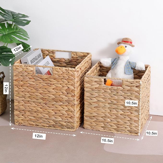 10.5x10.5 Water Hyacinth Storage Baskets, Collapsible Square Wicker Baskets - Image 6