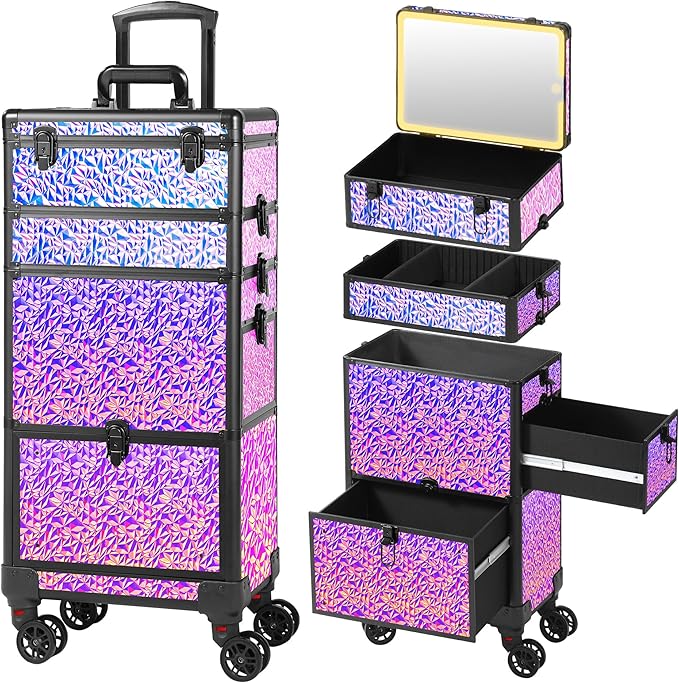 Rolling Makeup Case with Lighted Mirror, Makeup Train Case with Large Drawer by Unknown