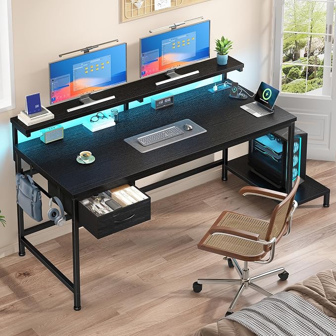 39.3" Gaming Desk with Power Outlet and LED Lights, Computer Desk with - Image 9