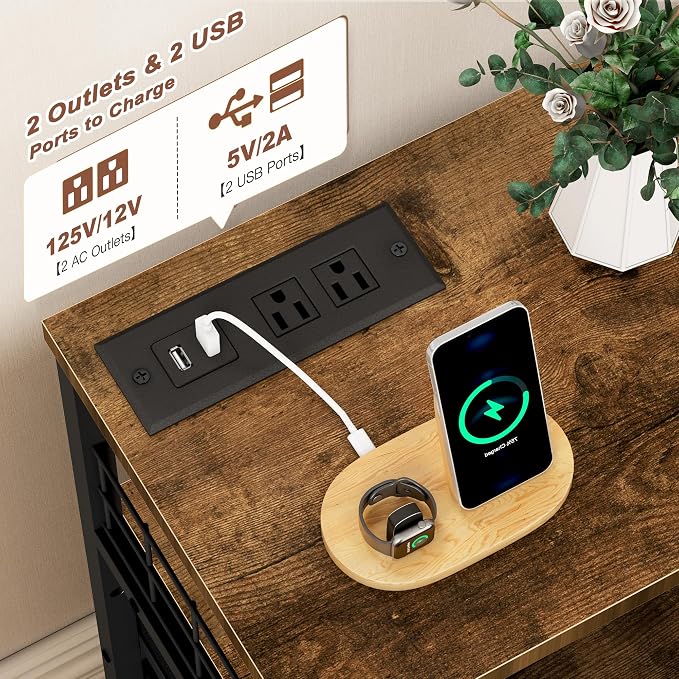 21.8"W Nightstand with Charging Station & LED Lights, Bedside Table with 4 - Image 4