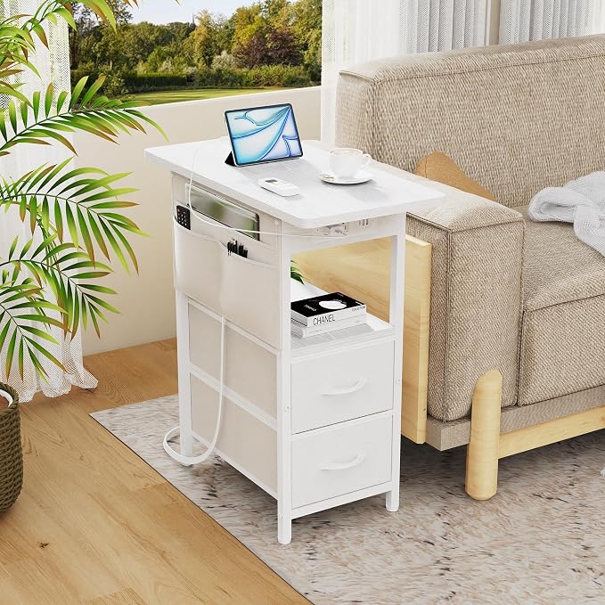 Small Side Table with Charging Station, Narrow Nightstand Bedside Tables with - Image 7