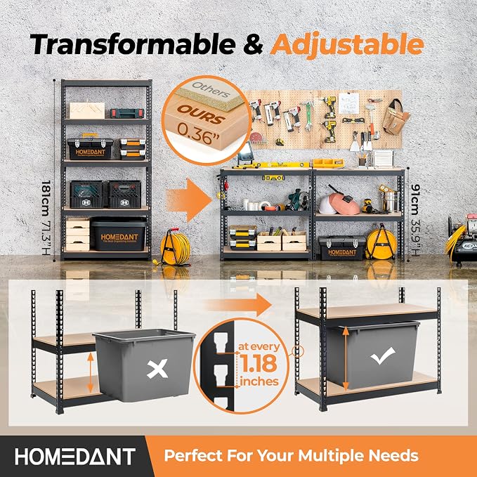 HOMEDANT 5 Tier Storage Shelves Adjustable Laminated Boltless Garage Metal - Image 5