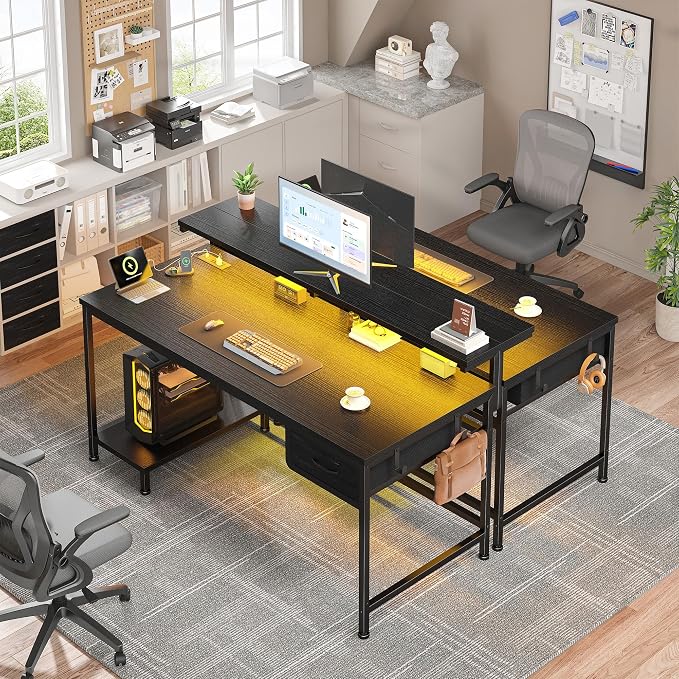 39.3" Gaming Desk with Power Outlet and LED Lights, Computer Desk with - Image 2