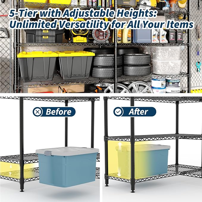 5 Tier Storage Shelving Unit Metal Shelves 70" W Wire Shelving, 70.8" H x 70.4" - Image 8