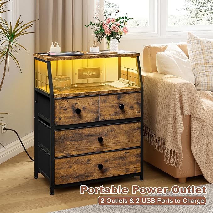 21.8"W Nightstand with Charging Station & LED Lights, Bedside Table with 4 - Image 8