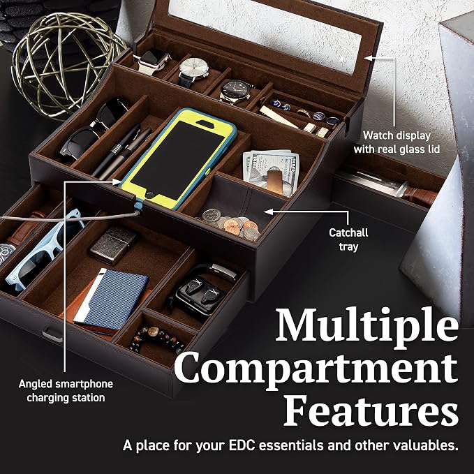 Mens Valet Box Organizer, Large Leather Valet Tray - Image 5