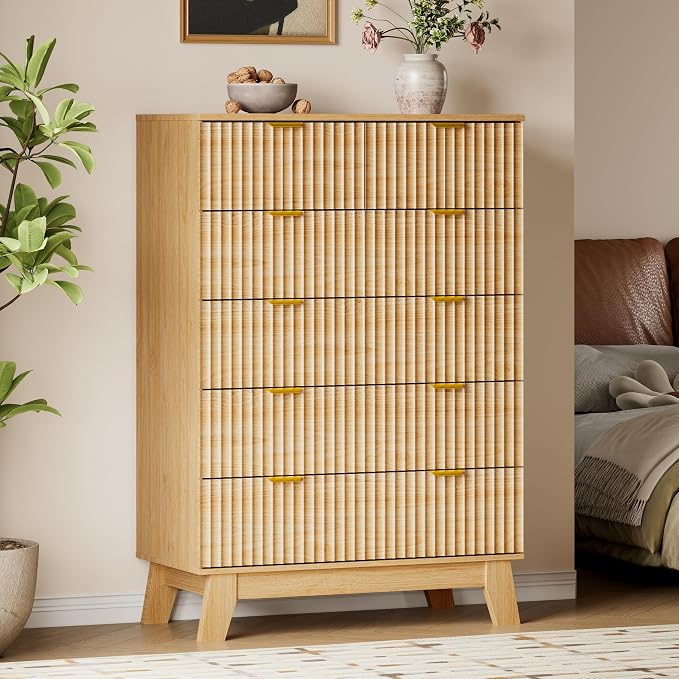 46" Tall Dresser for Bedroom, 6-Drawer Fluted Chest of Drawers, Modern Wood by BORNOON