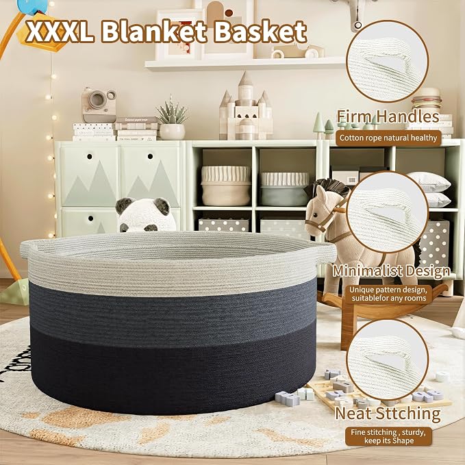 125L Extra Large Blanket Basket, Jumbo Laundry Woven Cotton Rope Basket - Image 5