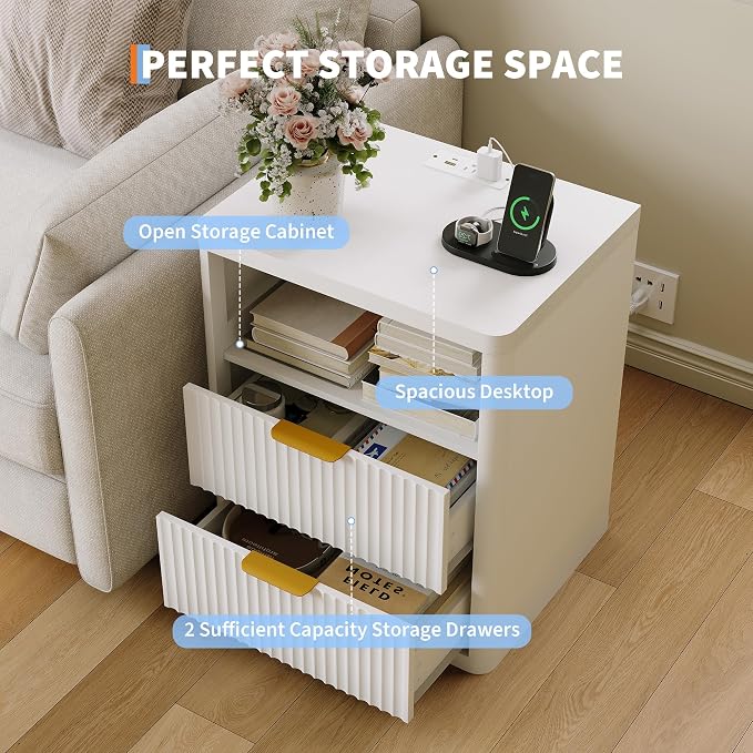 Fluted Nightstand with Charging Station, Bedside Table with 2 Drawers and Open - Image 4