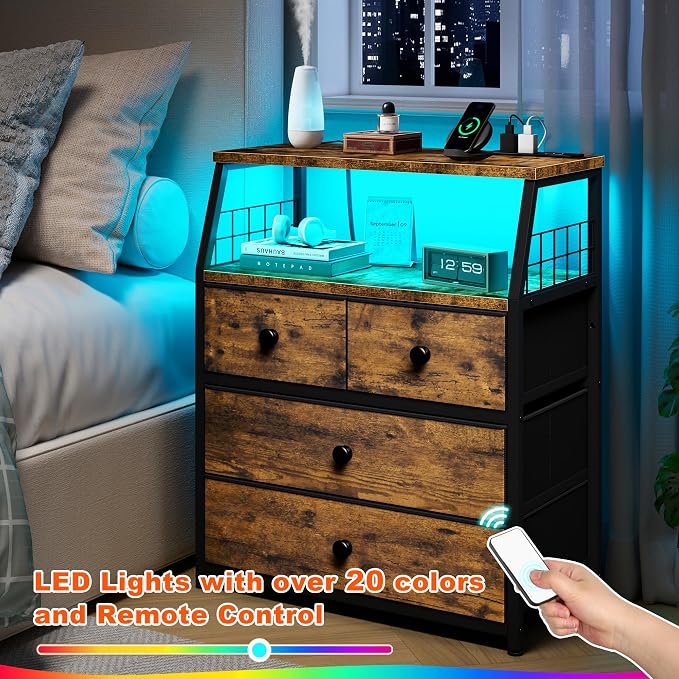 21.8"W Nightstand with Charging Station & LED Lights, Bedside Table with 4 - Image 3