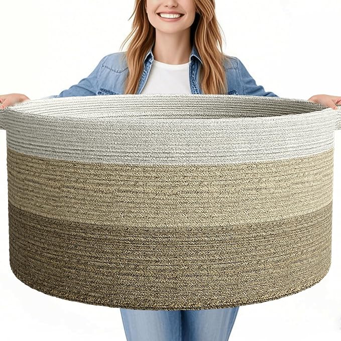 125L Extra Large Blanket Basket, Jumbo Laundry Woven Cotton Rope Basket by GOPAS