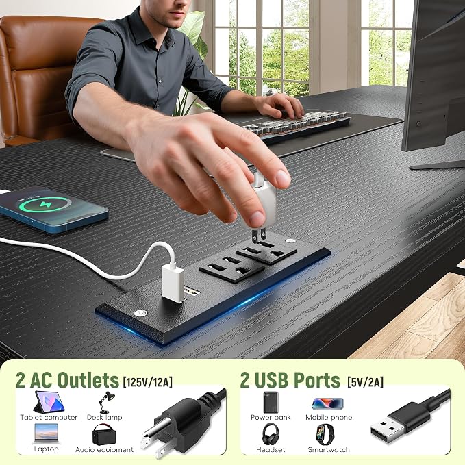 39.3" Gaming Desk with Power Outlet and LED Lights, Computer Desk with - Image 7