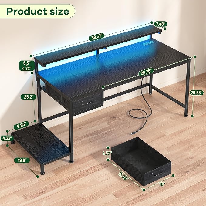 39.3" Gaming Desk with Power Outlet and LED Lights, Computer Desk with - Image 3