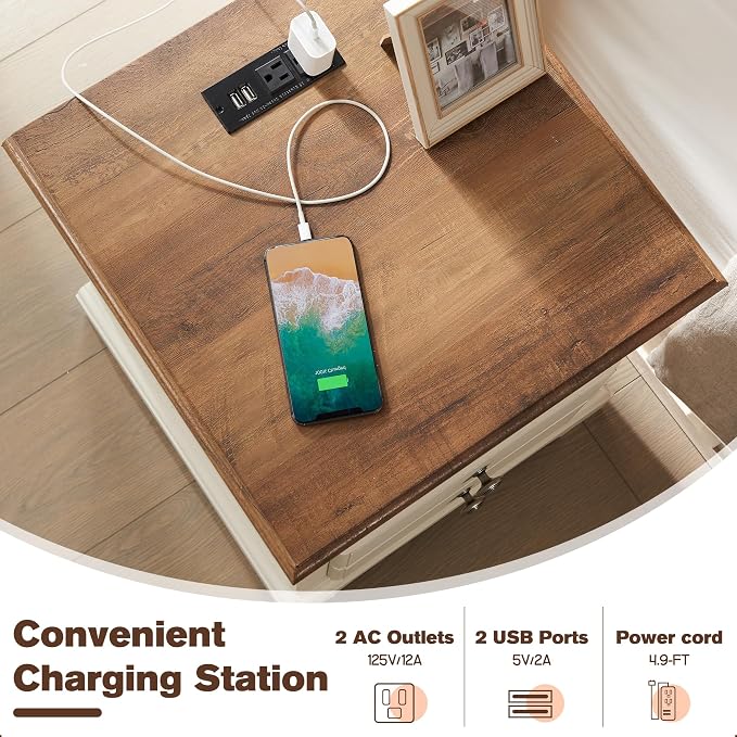 T4TREAM Nightstand with Charging Station, 18 Inch Vintage End Table with 2 - Image 3