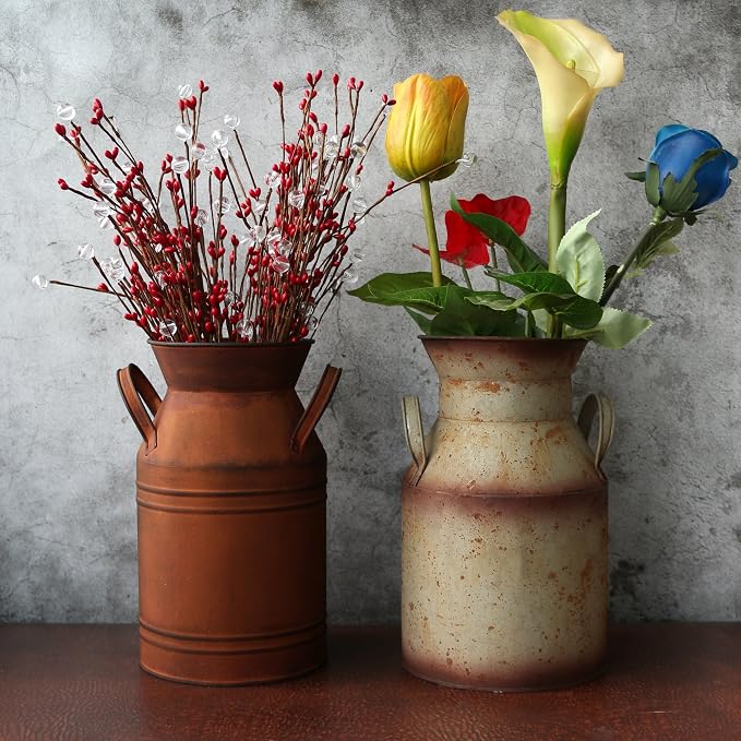 CVHOMEDECO. Farmhouse Galvanized Metal Milk Can, Old Rustic Primitives Jug Vase - Image 8