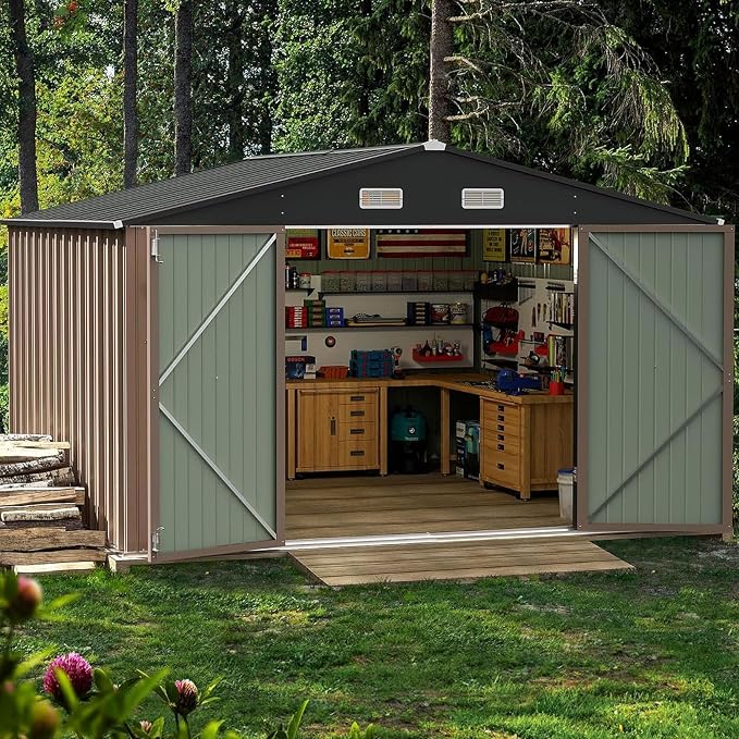 Furniwell 10x10 FT Outdoor Storage Shed, Metal Garden Sheds Outdoor Storage by WellFurnitureHomeLifeWell