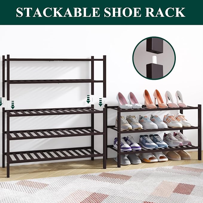 Smiry Bamboo Shoe Rack for Closet, 4 Tier Wooden Stackable Shoe Organizer - Image 4