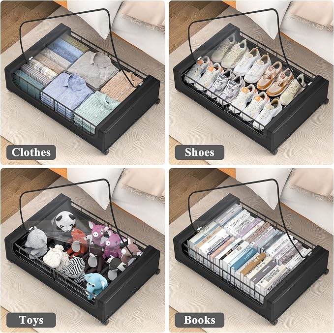 Under Bed Storage with Wheels and Cover, 360° Rolling Under Bed Metal Drawers - Image 6