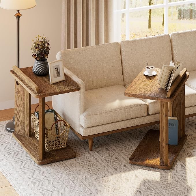 Solid Wood C-Shaped End Table Set of 2, Farmhouse Wooden Side Table by TribewoodbyTribesigns