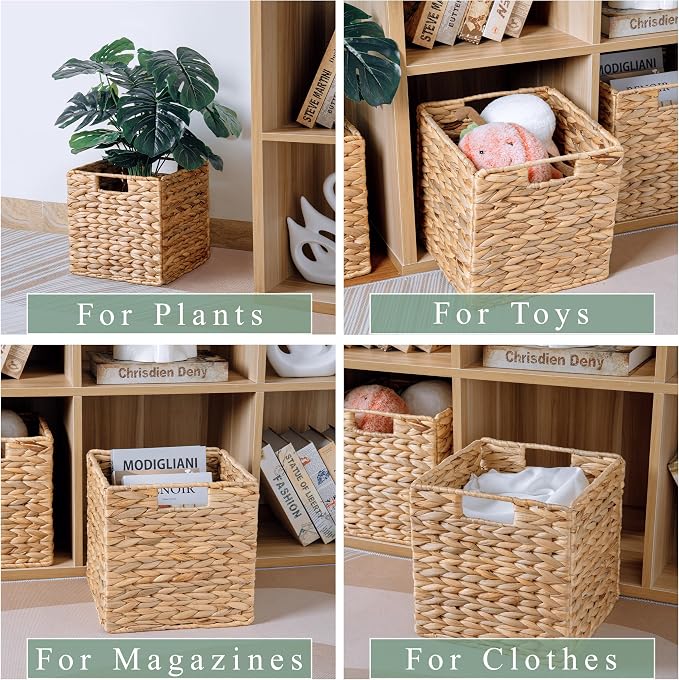 10.5x10.5 Water Hyacinth Storage Baskets, Collapsible Square Wicker Baskets - Image 7