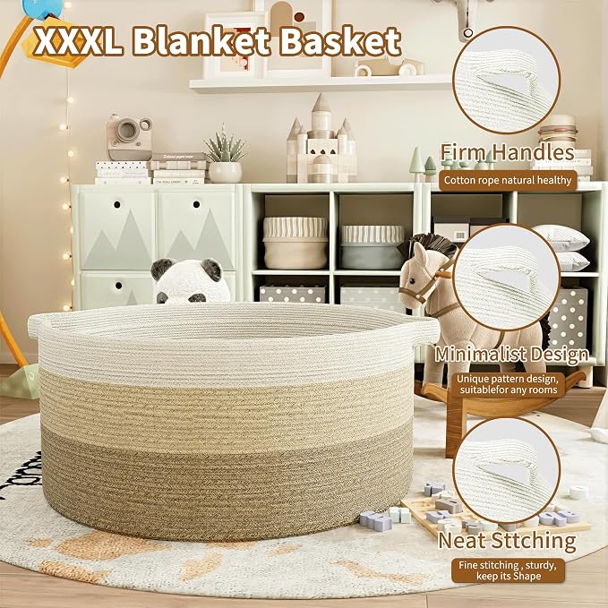 125L Extra Large Blanket Basket, Jumbo Laundry Woven Cotton Rope Basket - Image 5