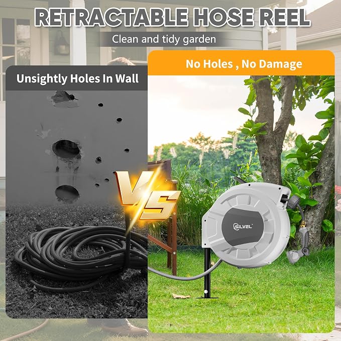 SILVEL Automatic Retractable Garden Hose Reel on Metal Spike, 1/2 in x 90FT - Image 3