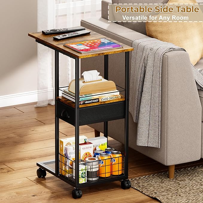 C Shaped Sofa Side Table with Wheels, Rolling Small Coffee Table with Drawer - Image 2