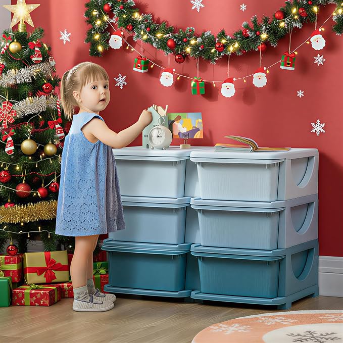 Qaba 3 Tier Kids Storage Unit, 6 Drawer Chest Toy Organizer Plastic Bins - Image 2