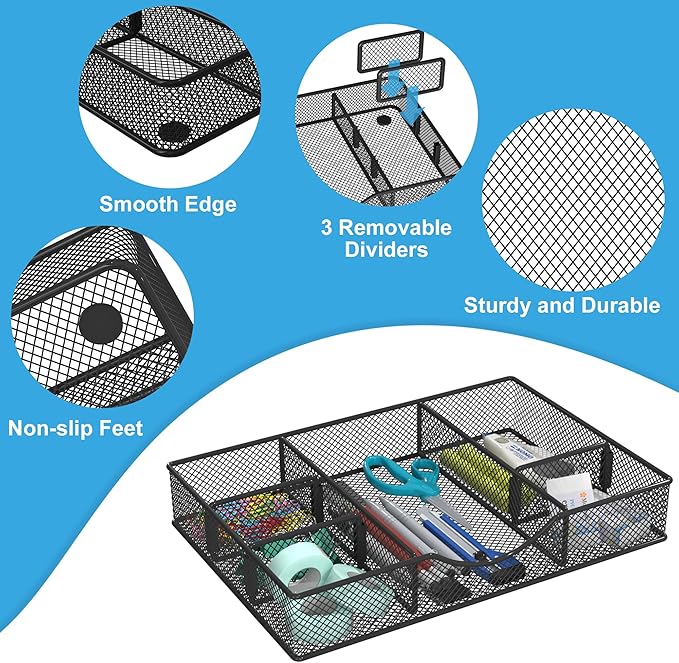 Desk Drawer Organizer Tray, Metal Mesh Drawer Organizers Office, 6 Adjustable - Image 4