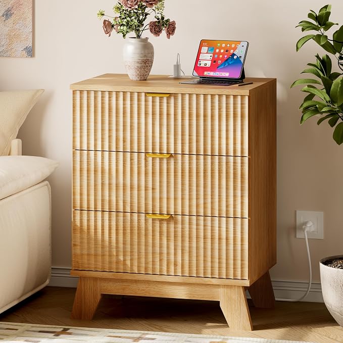 30.5" Nightstand with Charging Station, 3-Drawer Fluted Bedroom Chest, Wood by BORNOON