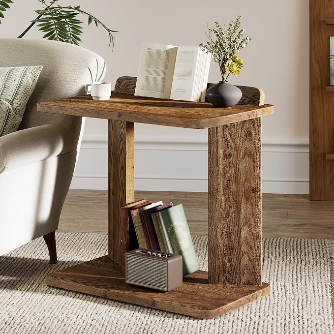 Solid Wood C-Shaped End Table Set of 2, Farmhouse Wooden Side Table - Image 5