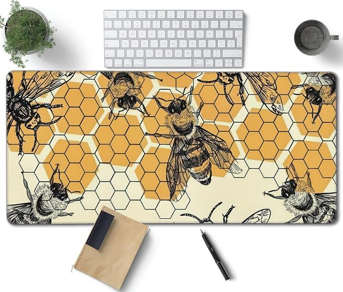 Bee and Honeycomb Large Mouse Pad, Vintage Aesthetic Gaming Desk Mat, XXL by Unknown