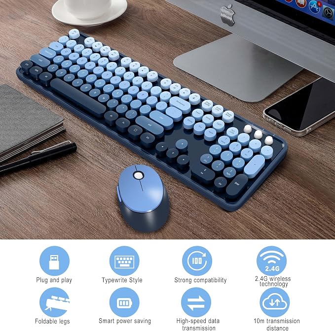 Wireless Keyboard and Mice Combo, Retro Round Keys Full-Sized Cute Keyboard - Image 4