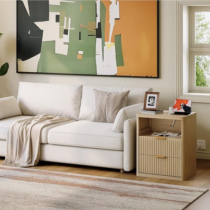 Fluted Nightstand with Charging Station, Bedside Table with 2 Drawers and Open - Image 9