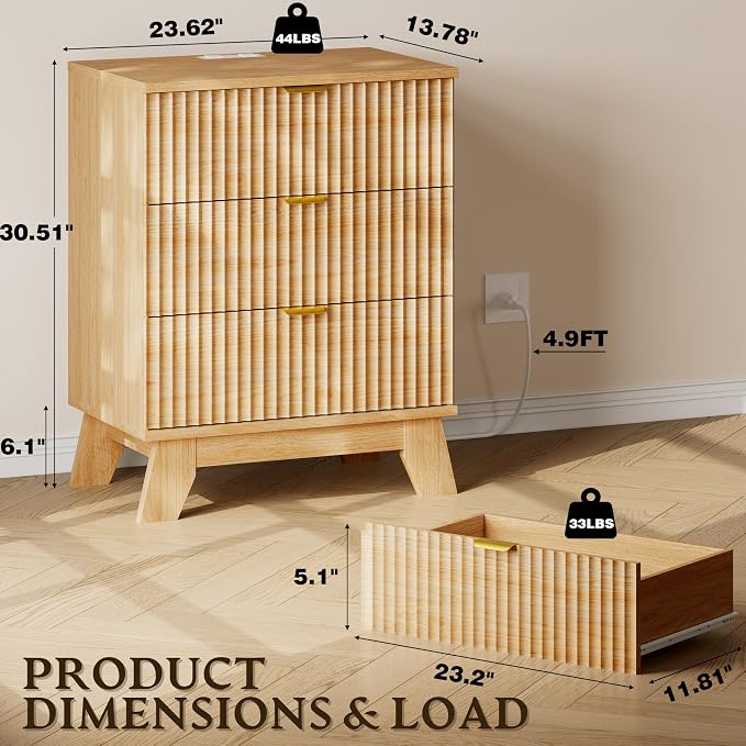 30.5" Nightstand with Charging Station, 3-Drawer Fluted Bedroom Chest, Wood - Image 2