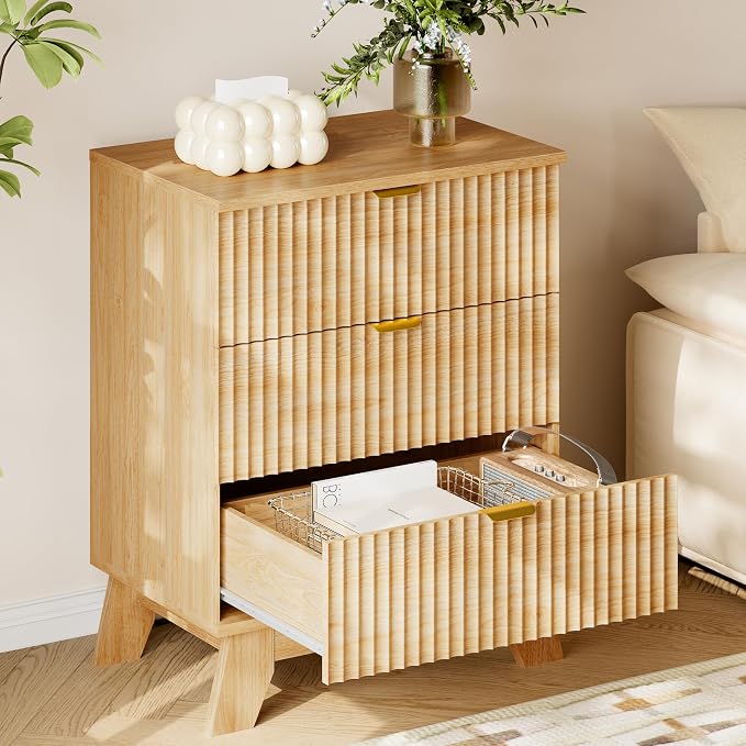 30.5" Nightstand with Charging Station, 3-Drawer Fluted Bedroom Chest, Wood - Image 4
