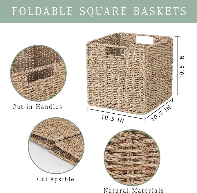 10.5 x 10.5in Cube Seagrass Storage Baskets, Foldable Square Wicker Storage - Image 3