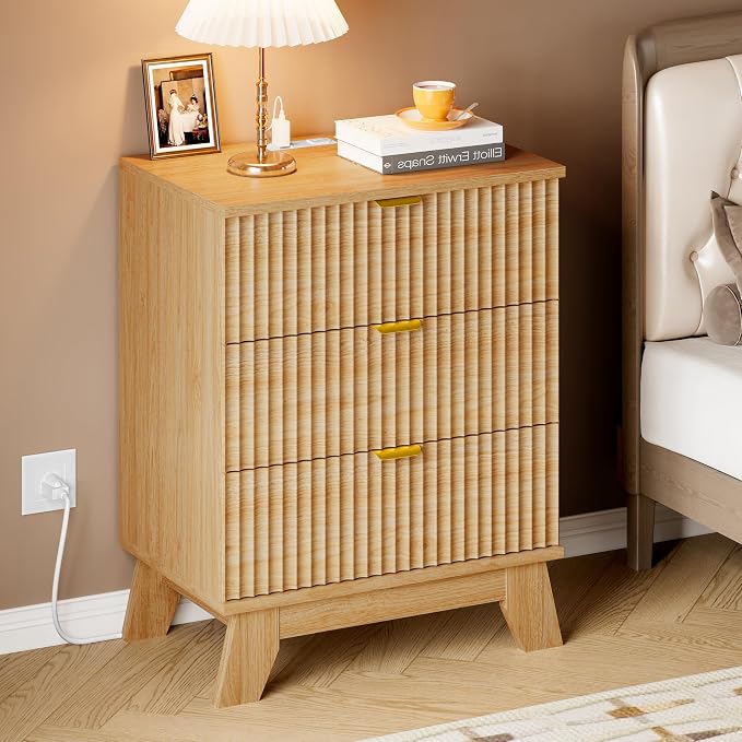 30.5" Nightstand with Charging Station, 3-Drawer Fluted Bedroom Chest, Wood - Image 6