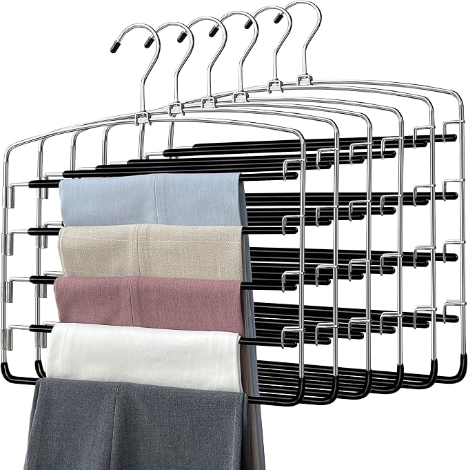 Pants Hangers 6 Pieces, 5 Tier Closet Organizers and Storage Clothes Hangers by FEASTEERY