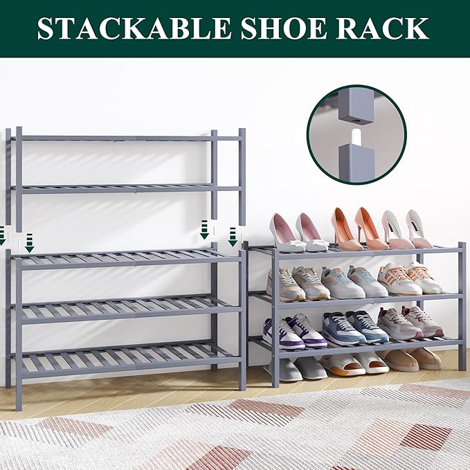 Smiry Bamboo Shoe Rack for Closet, 4 Tier Wooden Stackable Shoe Organizer - Image 4