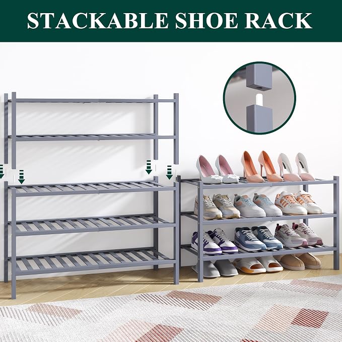 Smiry Bamboo Shoe Rack for Closet, 2 Tier Wooden Stackable Shoe Organizer - Image 4
