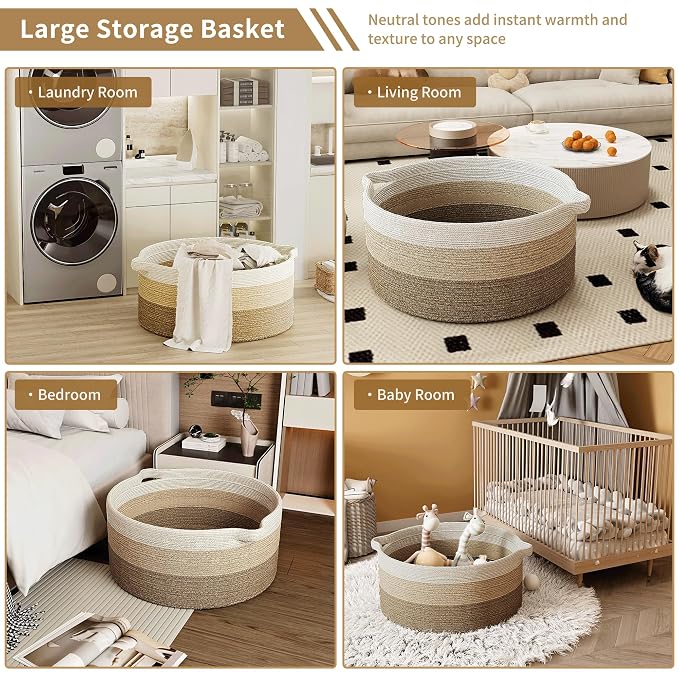 125L Extra Large Blanket Basket, Jumbo Laundry Woven Cotton Rope Basket - Image 6
