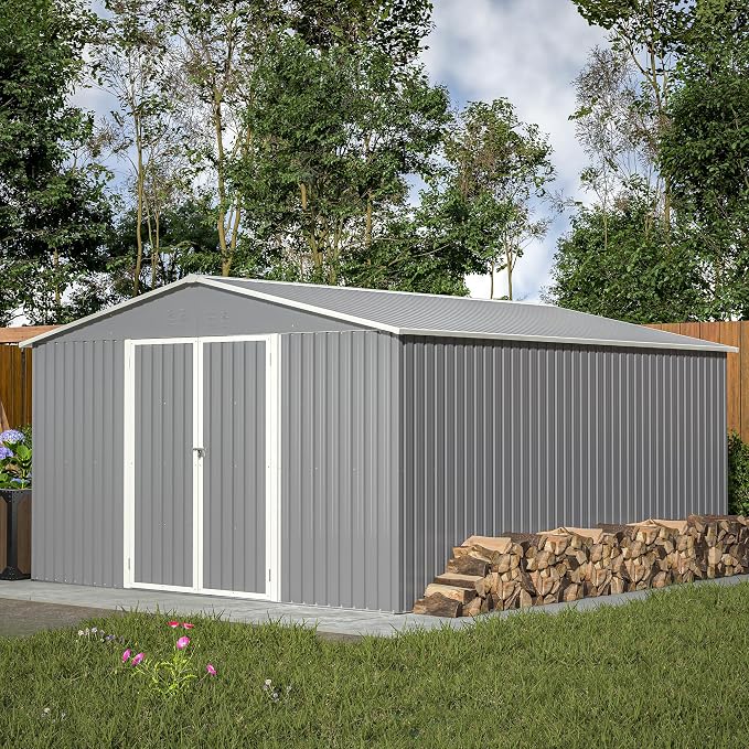 Metal Storage Shed 11x13 FT Outdoor, Metal Steel Utility Tool Shed Storage House by Thanaddo