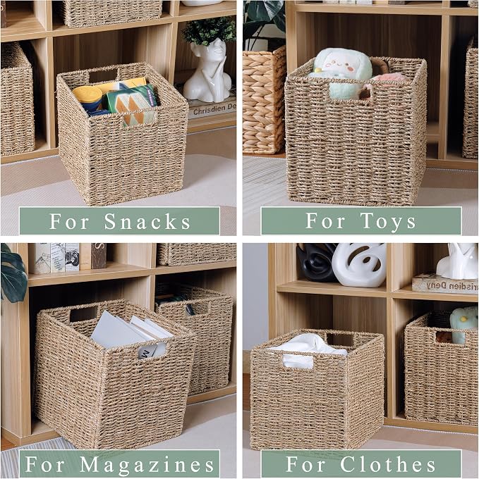 10.5 x 10.5in Cube Seagrass Storage Baskets, Foldable Square Wicker Storage - Image 7
